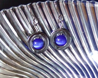 Cobalt Blue Fibre Optic Center Titianium Ear Wires Hematite Circle Dangle Earrings Earings Handmade in Newfoundland Optimism Hypo Allergenic