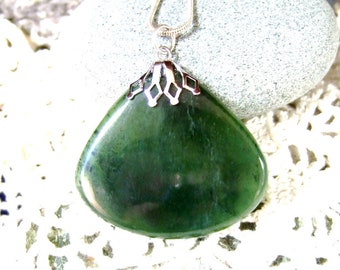 Ural Mountains Serpentine Natural Gemstone Pendant Necklace Green Ultramafic Sterling Silver Chain 18 Inches