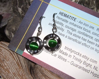 Irish Green Fibre Optic Center Titianium Earwires Wavy Hematite Circle Handmade in Newfoundland Optimism Alaska Black Diamond HypoAllergenic