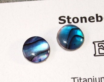 Blue Paua Shell Stud Earrings Titanium Posts and Clutches Handmade in Newfoundland 8mm Round Deep Blue Hypo Allergenic