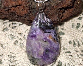 Natural Purple Charoite Pendant Necklace Sterling Silver Handmade in Newfoundland Rich