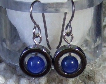 Deep Blue Jade Center Hematite Circle Dangle Earrings EaringsTitanium Ear Wires Hypo Allergenic Shiny