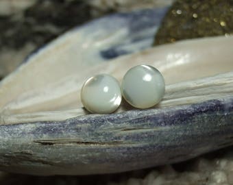 Mother of Pearl Stud Earrings Titanium Post and Clutch 8mm Round Hypo Allergenic Handcrafted Opalescent Shell
