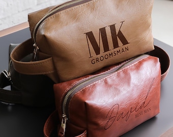 Laser Engraved Leather Travel Kit, Personalized Toiletry Bag for Anniversaries, Groomsmen,Men's Wash Bag with Name, Personalized Travel Bag