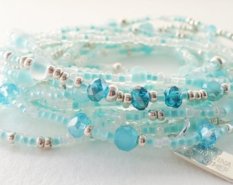 Turquoise & Silver Pastel 8x wrap bracelet | 8 wrap bracelet on stretch cord or 3 wrap necklace