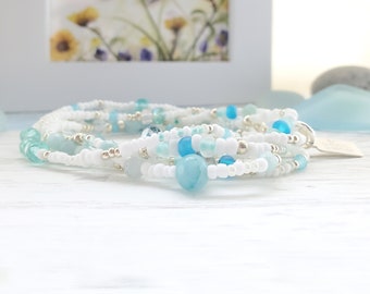 Beach Glass 6x stretch wrap bracelet | aquamarine, cloud white, silver beaded | wear as 6 wrap bracelet or 2 wrap necklace