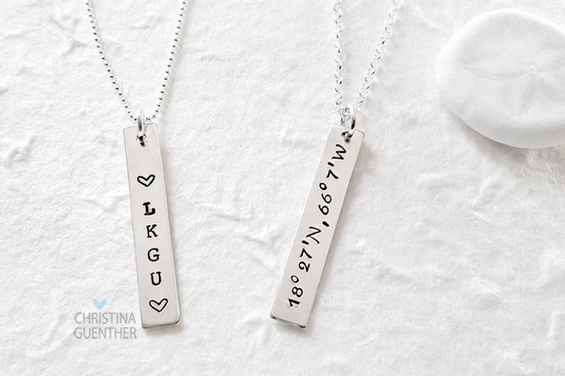 Personalized Vertical Bar Necklace Sterling Silver Name Delicate Layering Hand Stamped Date Mantra Gps Christina Guenther