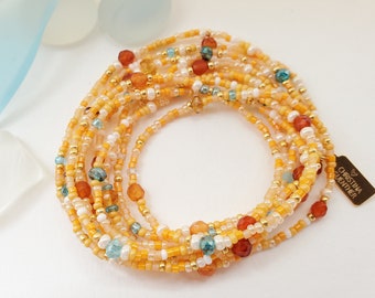 Creamsicle 8x wrap bracelet | carnelian, orange, gold, cream, aquamarine and teal faceted beads on stretch cord