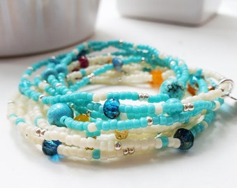 Sea and Sand 8x wrap bracelet |  wrap bracelet on stretch cord or 3 wrap necklace