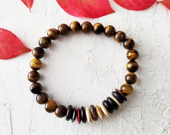 Men's bone and tiger's eye gemstone stretch bracelet