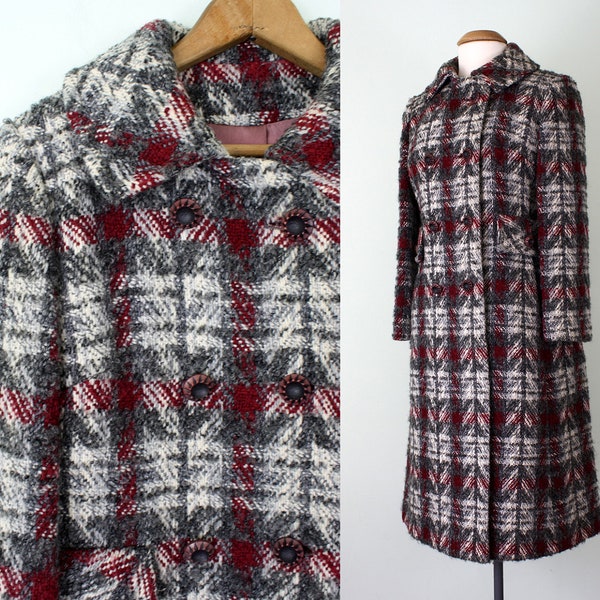 60s coat / cranberry plaid wool double breasted button belted winter (s - m)