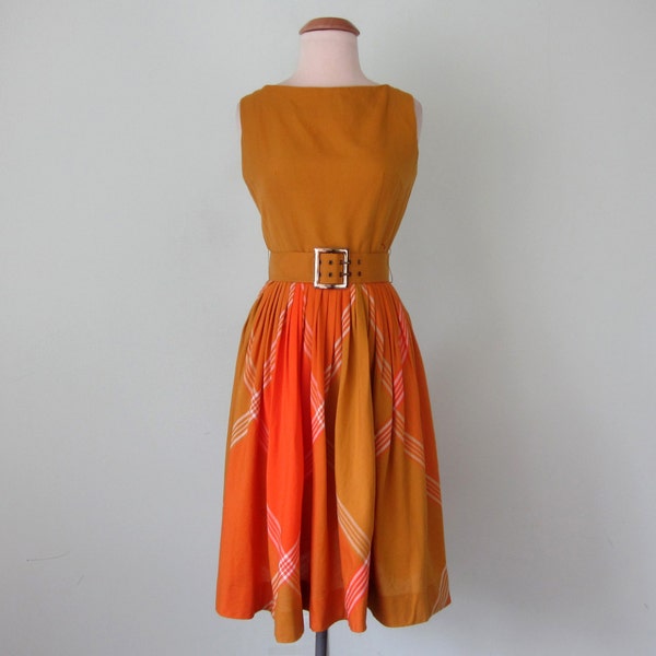 60s dress / mustard yellow & orange plaid cotton belted fitted waist pleated sundress (xs - s)