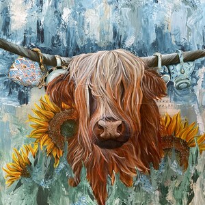 Beautiful Fine Art Print of original painting“You are my Sunshine” by Nina Beecroft|Highland cow| Sunflowers|Antique teacups|