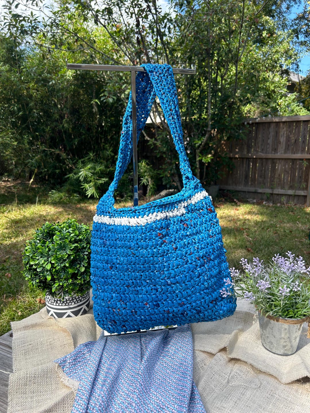 Blue Plarn Bag Recycled Reused Plastic Bags Crochet Repurposed