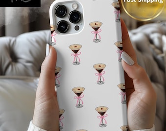 Espresso Martini Phone Case, Cute Cocktail Design, Pink Bow