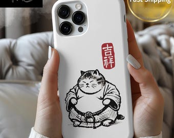 Sumo Cat Phone Case , Japanese-Inspired Art with Red Stamp, Tough Phone Cases