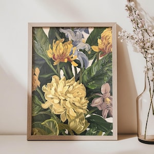 Floral Lush Harmony Print, Botanical Wall Art, Bold Flower Painting, Vintage Classic Botanical Art, Yellow Bloom Artwork, Digital Download