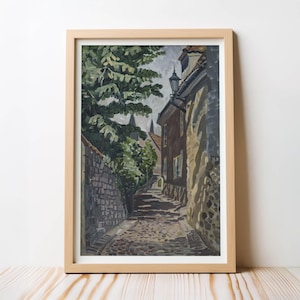 European Cobblestone Village Path Landscape Wall Art, Rustic Street Wall Art Painting Vintage Travel Landscape Timeless Art Digital Download