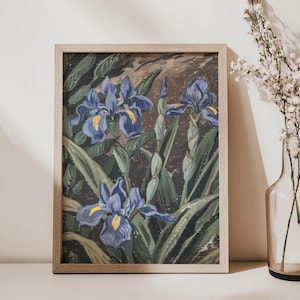 Iris Flower Botanical Wall Art, Blue Iris Painting Print, Vintage Classic Garden Floral Artwork, Irises Cottagecore, Botanical Printable