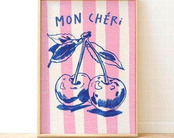 Mon Cheri Cherry Wall Art Print French Poster Modern Vintage Fruit Sketch Stripe Pink Kitchen Retro Decor Modern Romantic Digital Download