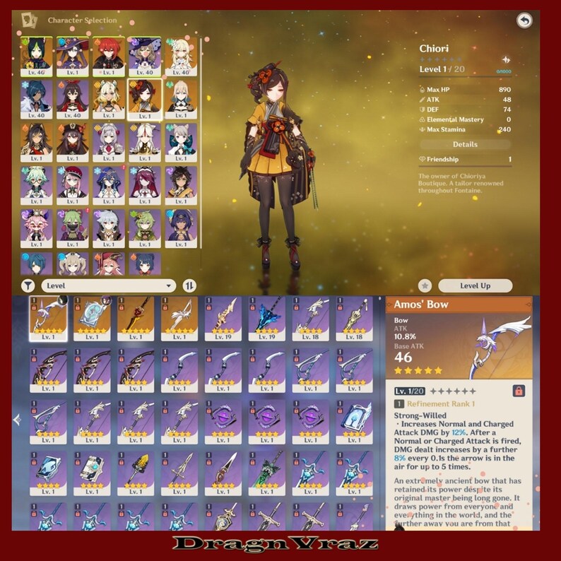 Compte Genshin Impact – Personnages : Chiori, Nahida, Qiqi, Keqing – Compte Non Lié, Multi-Plateformes