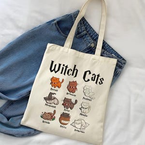 Witch Cats, Magic Cat School, Cat Lover, Gift Cotton Totebag