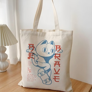 Kawaii Skater Cat, Anime Cat, Tokyo Vibes, Cool Cat Gift Cotton Totebag