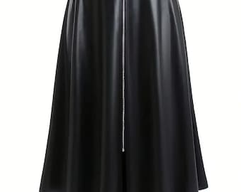 Gonna midi svasata in similpelle, vita alta, con cerniera, in ecopelle, gonna minimalista a trapezio per donna.