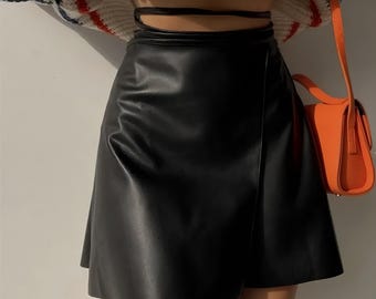 Black Faux Leather Mini Skirt High Waist Wrap Skirt with Tie Vegan Leather Skirt for Women  Aesthetic Outfit