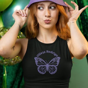 Olivia Rodrigo Crop Tee, Ready-To-Ship, Butterfly, Perfect All-American Bitch, Guts Tour, Slim Fit Crop Racerback Tee, Trendy Summer Top
