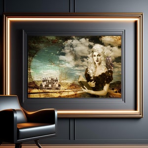 May include: A framed artwork depicting a woman in a vintage dress holding a book, standing in front of a cloudy sky and a landscape with a building in the distance. The frame is gold with a black mat.
