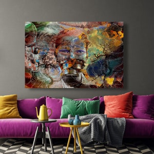 May include: Abstract painting of a face wearing a gas mask, with a colourful background of trees and foliage. The painting is framed and hanging on a wall above a pink velvet sofa with colourful cushions.