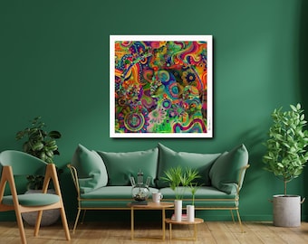 Arte de parede psicodélica surreal, decoração abstrata para casa ou escritório, design maximalista, arte decorativa, impressão de arte colorida e vibrante: "EIM03"