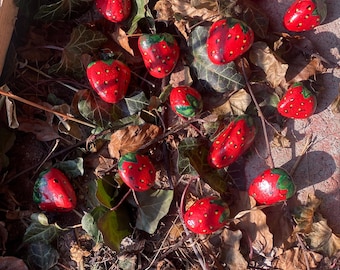 Hand-Painted Strawberry Rocks:  Bird Deterrent Strawberries Garden Stones, Garden Decor, Set of 14