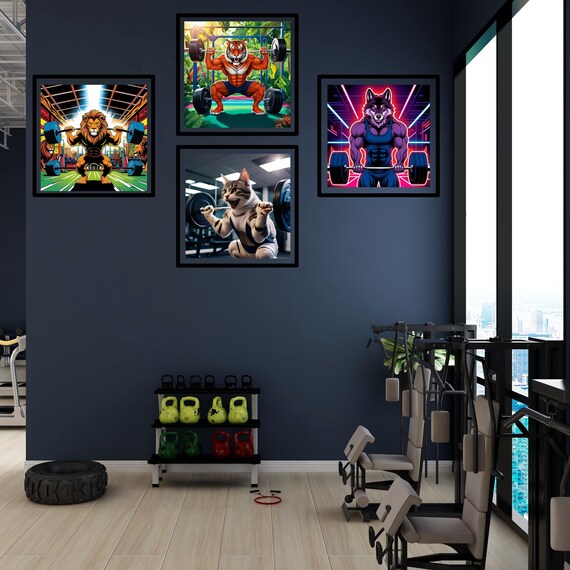 Gym Wall Art Set of Animals Lifting Weights Gym Decor Fitness