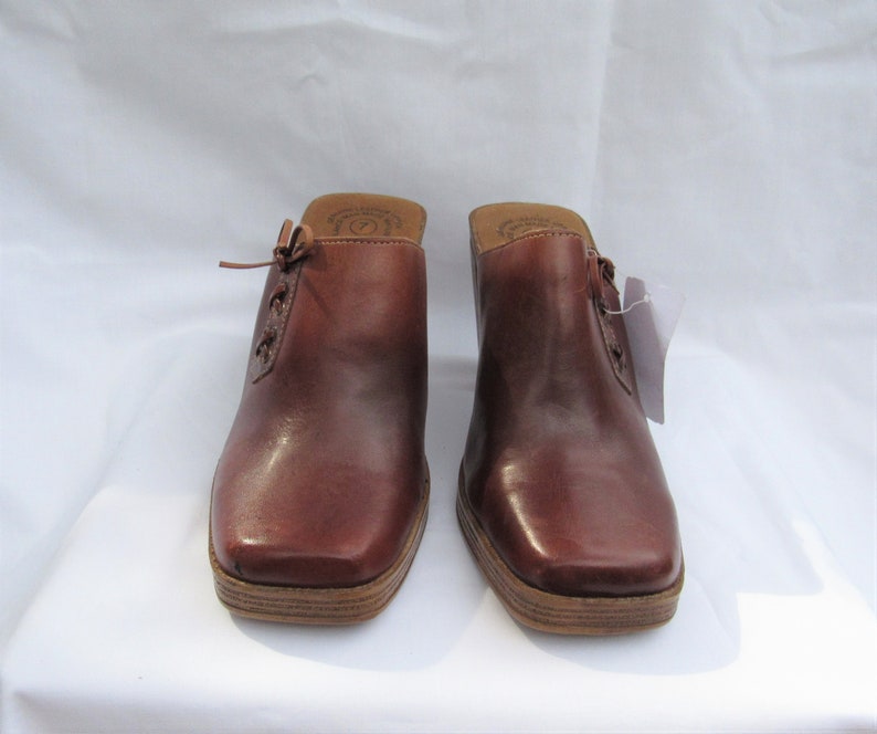 90s Leather Mules Clogs size 7 Made in Brazil Square Toes Brown Leather Woodgrain Heels High Heels PlatformsUnworn Deadstock