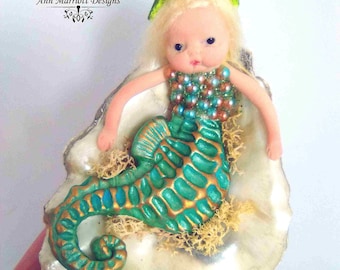 OOAK Polymer Clay Miniature Baby Seahorse Mermaid in Real shell Art Doll Fantasy Sculpt