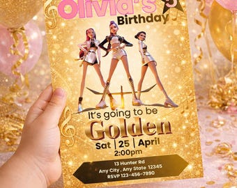 Editable Kpop Golden Glam Birthday Invite | K-Pop Demon Hunter Theme (Digital Download)