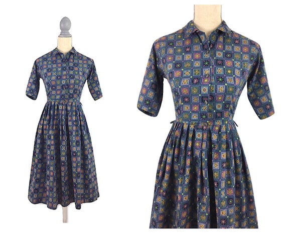 Vintage 50's Novelty Folk Print Dress XS
