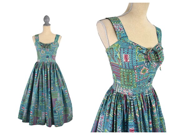 Vintage 1950's Turquoise Novelty Print Sundress Dr