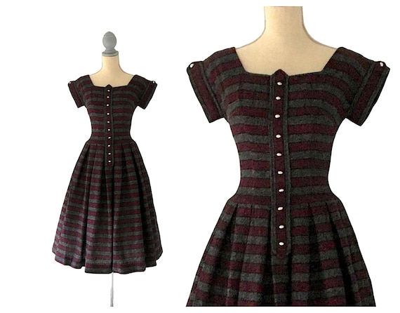 Vintage 40's/50's Maroon grey stripe Dress XS