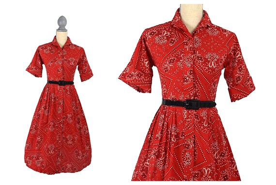 1950's Red Bandana Novelty Print Cotton Dress S