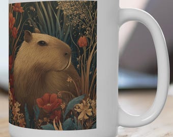 Capybara - 15oz, capybara floral mug, capybara coffee mug, capybara garden cup, capybara tea cup, capybara lover gift, capybara gift mug