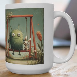 Little Monsters - Swing - 15oz, Cute Green Monster Swinging with Bunny, Monster Coffee Cup, Monster Tea Mug, Unique Gift, Monster lover gift