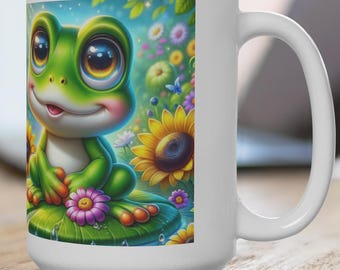 Frog - Summer - 15 oz, frog coffee mug, frog lover gift, adorable frog cup, frog decor gift, amphibian coffee mug, whimsical animal mug