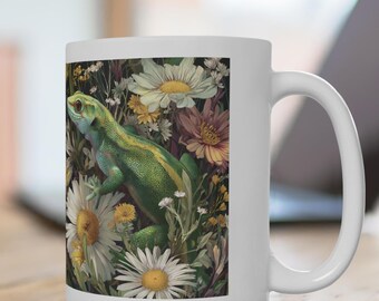 Gecko -15oz, Cute Green Lizard Coffee Cup, Daisies and Flowers Design, Reptile Lover Gift, Gecko Tea Mug, Gecko Lover Kitchen Decor