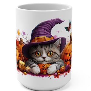 Halloween - Gatito - 15 oz, Taza de Té de Gato Espeluznante, Vasos para Dulces y Trucos, Decoración de Cocina de Halloween, Huerto de Calabazas, Taza de Gato de Halloween con un Fantasma
