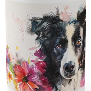 Dog Breeds -Border Collie - 15 oz, border collie coffee mug, black and white dog mug, floral dog lover gift, cute collie art, floral dog mug