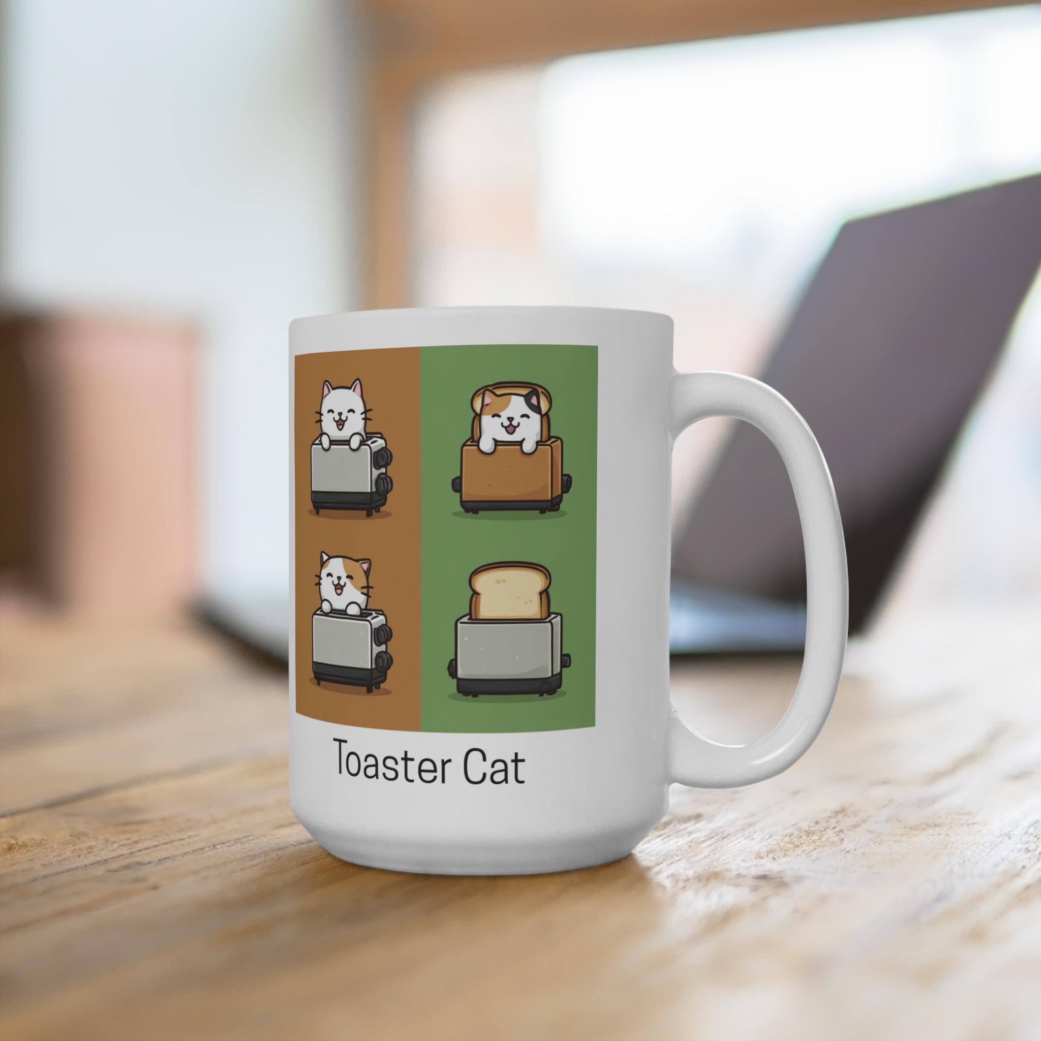 Taza de gato tostado, 15 oz, gato en una taza tostadora, taza de gato tostado kawaii, gato saliendo de una taza tostadora, taza de café de gato tostad