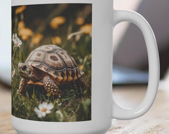 Taza de café con diseño de tortuga y margaritas, 15 oz, diseño único, ideal para amantes de la naturaleza, ideal para jardín.